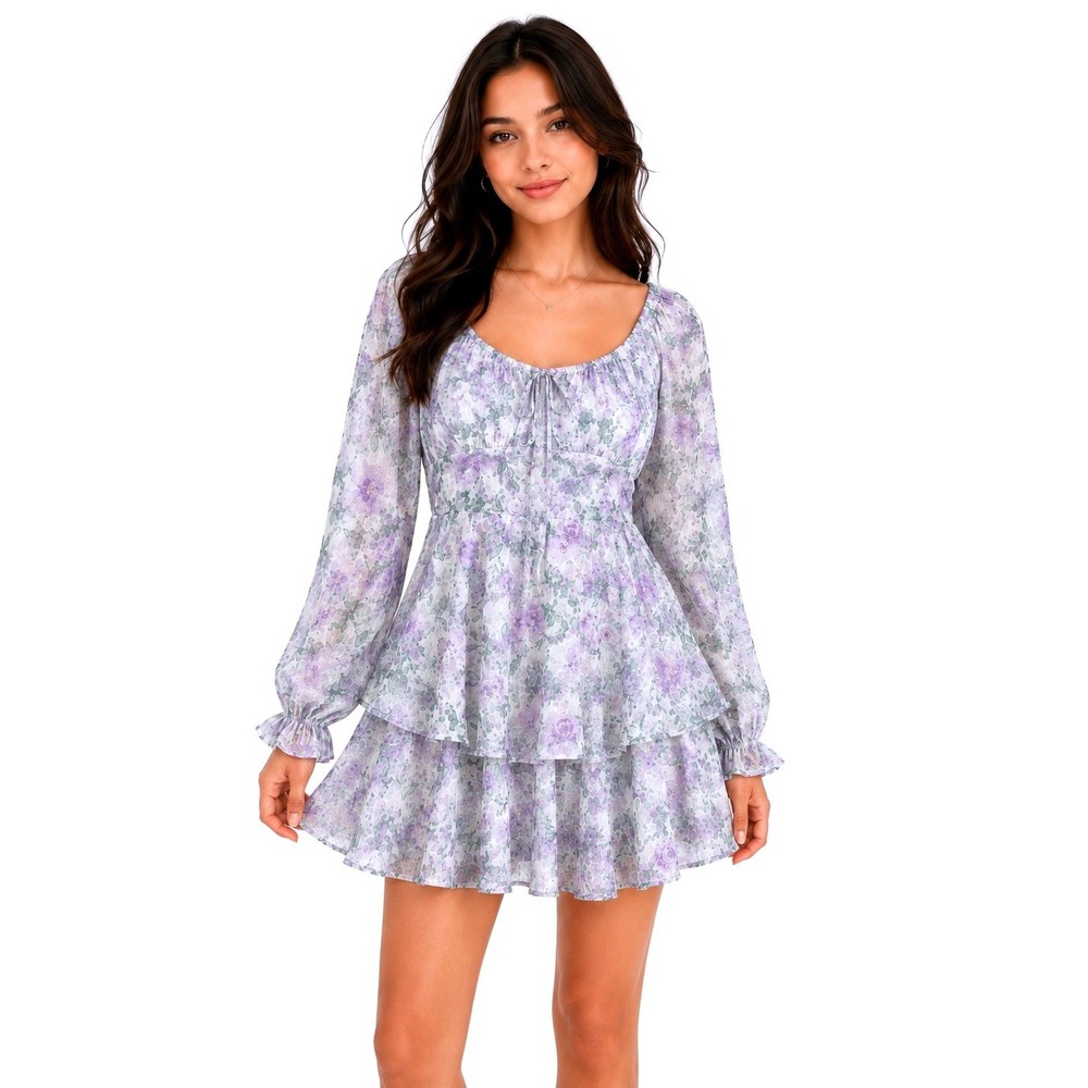 Midnight Doll NWT Floral Tiered Mini Dress Womens XL Ivory/Lila Long Sleeve Tie